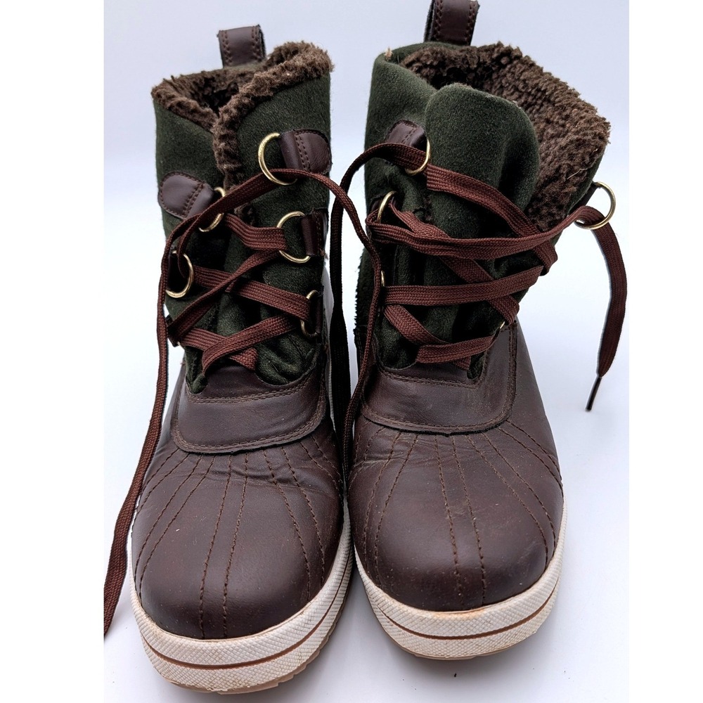 Chiill Women Brown Green Faux Fur Lined Duck Boots Size 9.5 Winter Lace Up